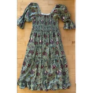 Grace Holiday Green Print Puff Sleeve Nap Midi Dress Cotton Small